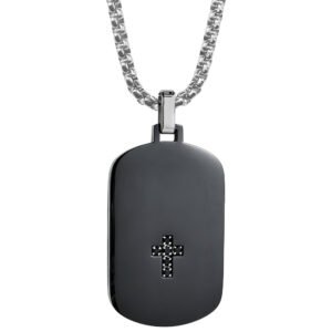 Black PVD Stainless Steel Dog Tag CZ Cross Necklace